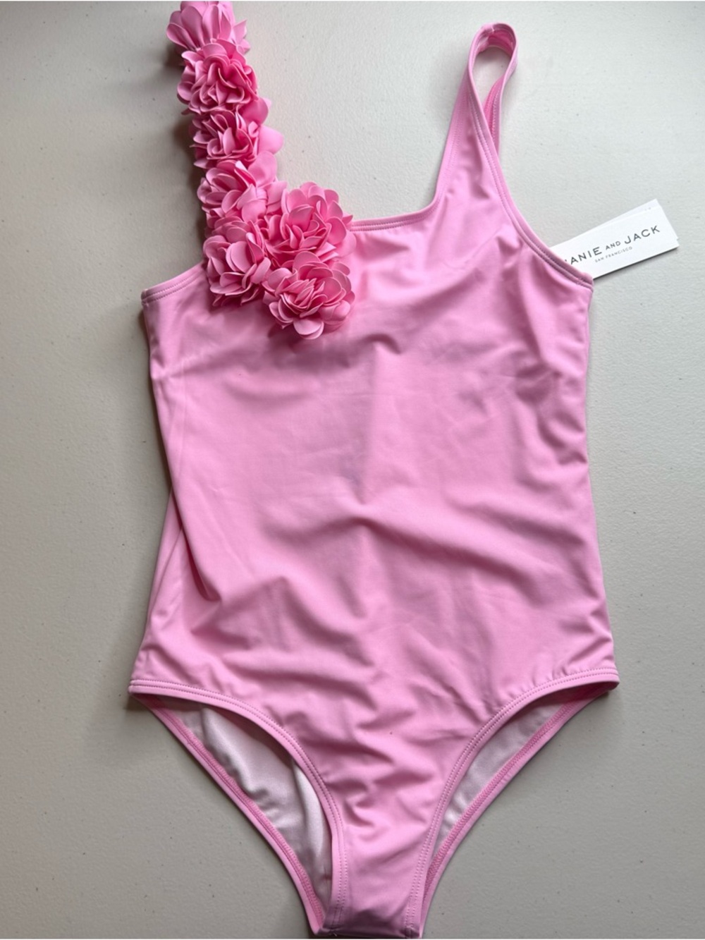NWT Janie and Jack Pink Floral One Shoulder Swimsuit Girls Size 12 UPF 50+